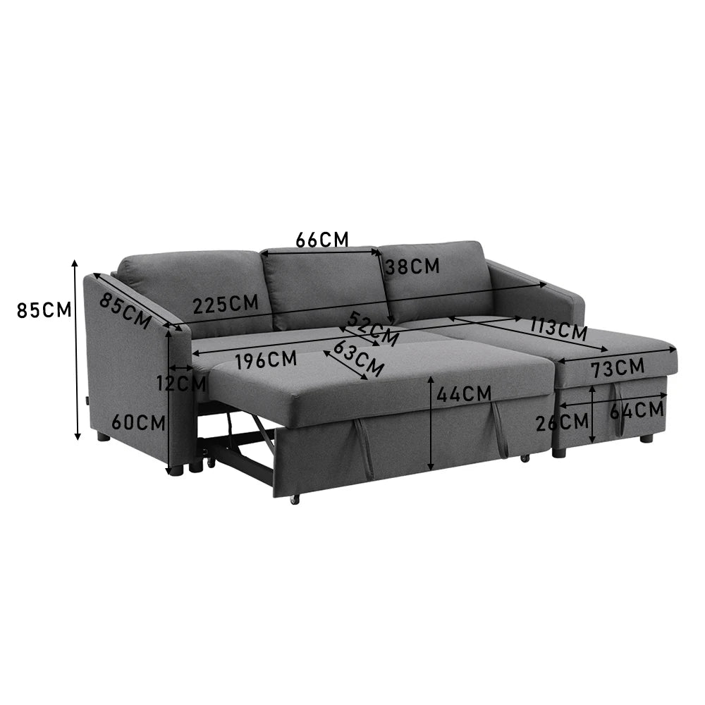 LIVING AND HOME Modern Medium Firm L-Shaped Soft Comfortable Three-Seater Dark Gray Upholstered Padded Hard-Wearing Fabric Foam Cushions Pull-Out Large Double Bed Sleeper With Wheels Wood Frame Left Hand Sectional Sofas/ Hidden Storage