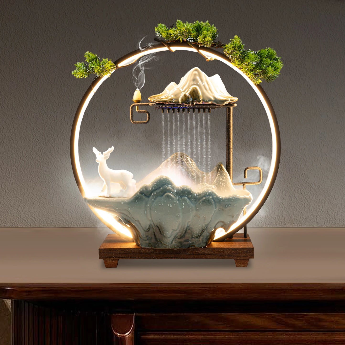 Wood Indoor Round Shaped Bracket Tabletop LED Lighted Ceramic Male Buck Deer Pine Trees Rocky Mountain Misty Waterfall Fountain/Colors-Brown/Green/White/Black