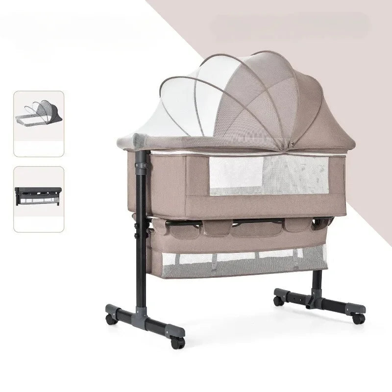 LIUSHADUOLA Beige-Gray 3-In-1 Functional Adjustable Height-Angle Portable Newborn Babies-18 Months Mosquito-Fabric Mesh Net Iron Aluminum Frame Bedside Bassinet Cribs/ Storage Below/ Locking Wheels/Colors-Beige/Gray /Khaki