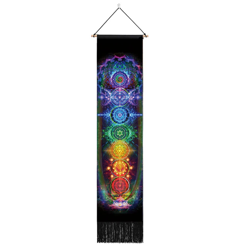 Unisex Rectangle Knitted Cotton-Polyester Blend Printed Soft Fabric 4 Colorful Geometric Chakras Themes Intricated Design Fringed Spiritual Meditation Wall Hanging Tapestries