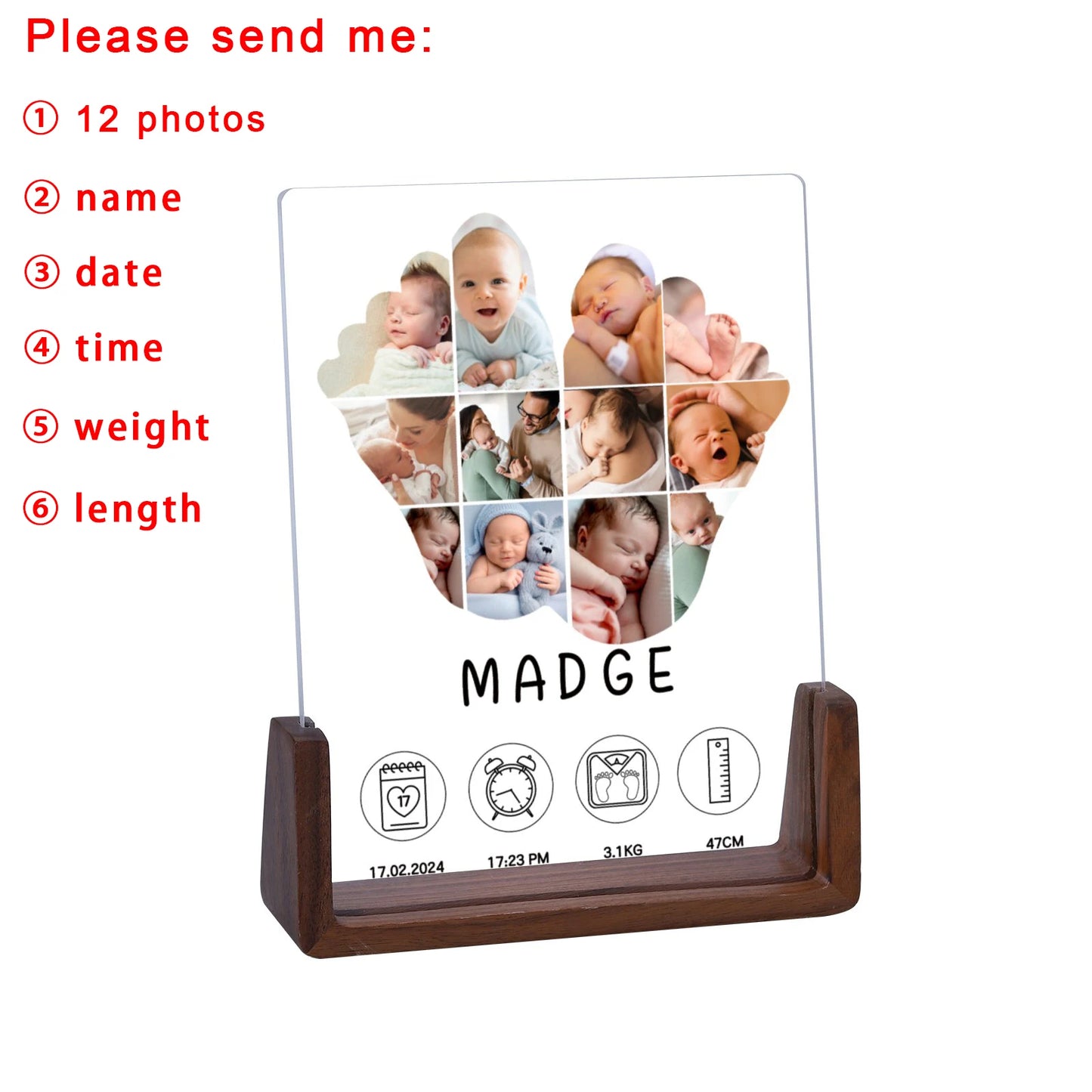 Customized Wood Base Clear Acrylic Plate Rectangle Newborn Babies First Year 12 Photo-Babies Name Display Frames/Colors-Brown/Beige/Clear