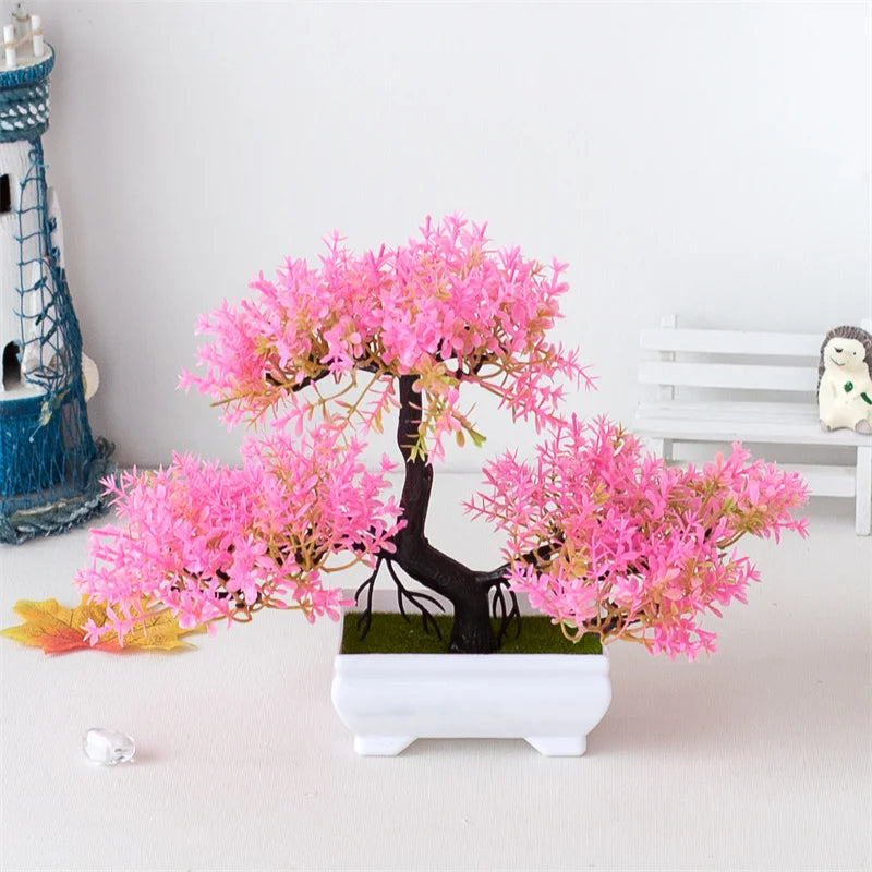 Indoor Artificial Plastic Non-Flowering Small Magnoliopsida Bonsai Tree-Rectangle Pot/Colors-Green/Purple/Yellow