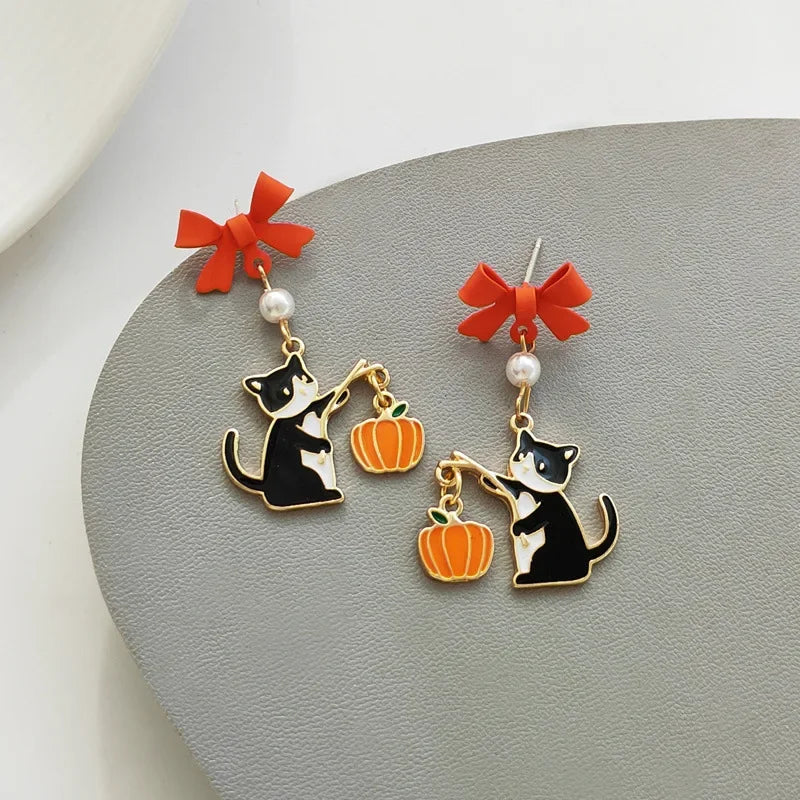 Women-Teen Girls Metal Long Tassel Asymmetrical Enamel Needle Cute Cartoon Cats Coffee-Teacup Dangle Drop Fine Imitation Earrings/Colors-Green/Multicolor/Geometric/Animals