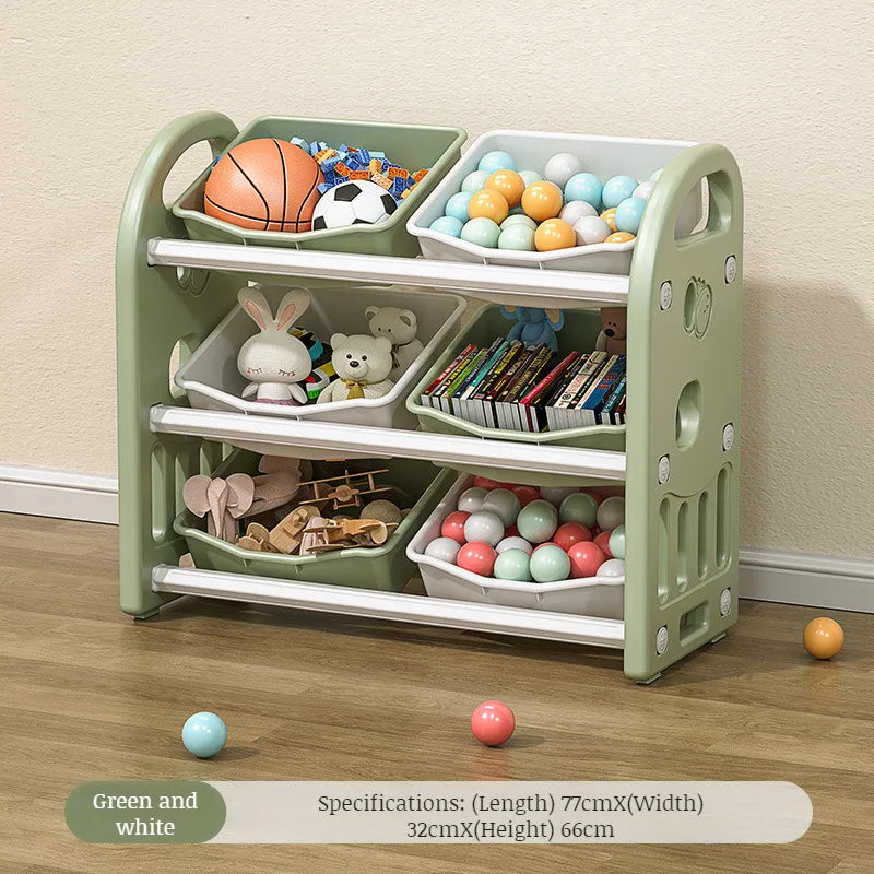 Babies-Toddlers Eco-Friendly 3-Tier Shelves Thick Plastic Toy Storage Cabinet/Ages: Over 6 Months Old/Colors-Gray/Pink/White/Black/Green/6-Plastic Storage Boxes Included