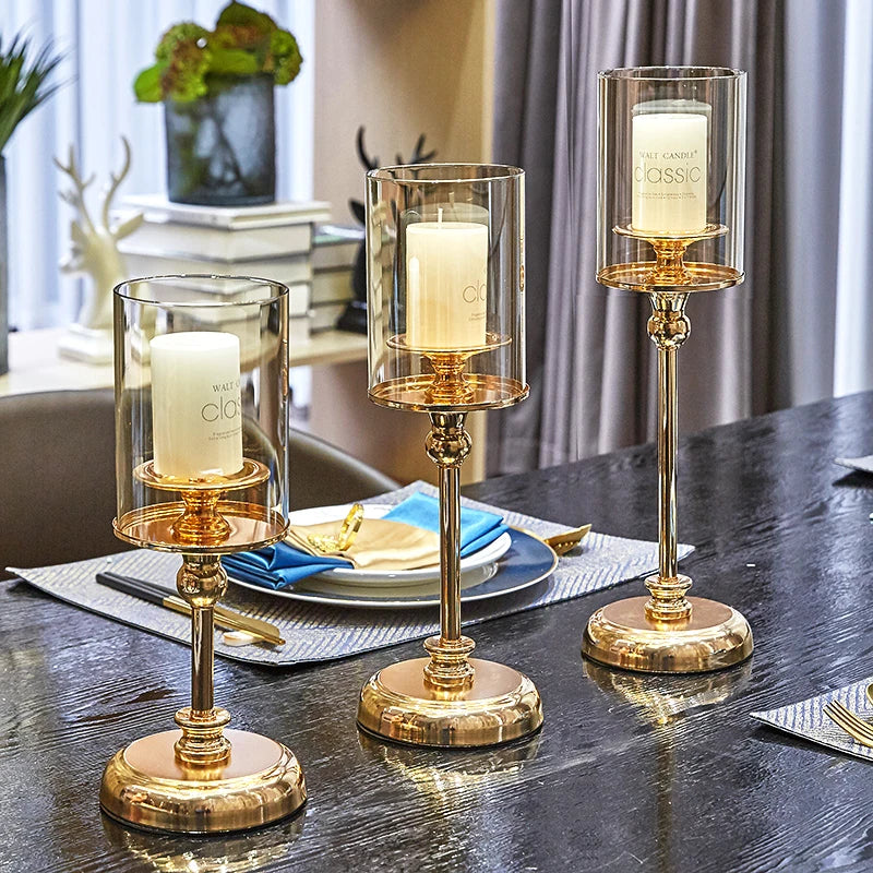 Traditional Chinese Gold Glass Column-Ball Pillar Matching Cup Candleholders/Sizes: S-M-L