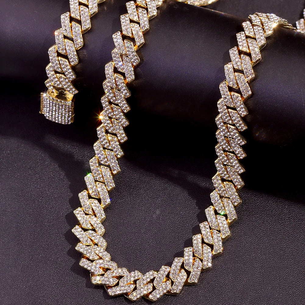 Women-Teen Girls Gold-Silver Metal Iced Prong Chunky Cuban Chain Link Geometric Shape Shiny White Rhinestones Imitation Punk Necklaces