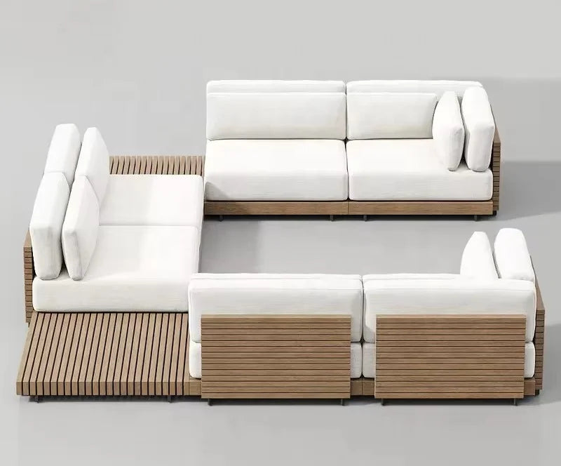 No-EN-Name-Null Outdoor Gray Soft Fabric Cushions Solid Brown Teak Wood Base Aluminum Frame Patio Sofa Sectional-Rectangle Shaped Coffee Table-Chairs-Ottoman Sets/Colors-Brown/Black/Gray/White/Silver/Multicolor