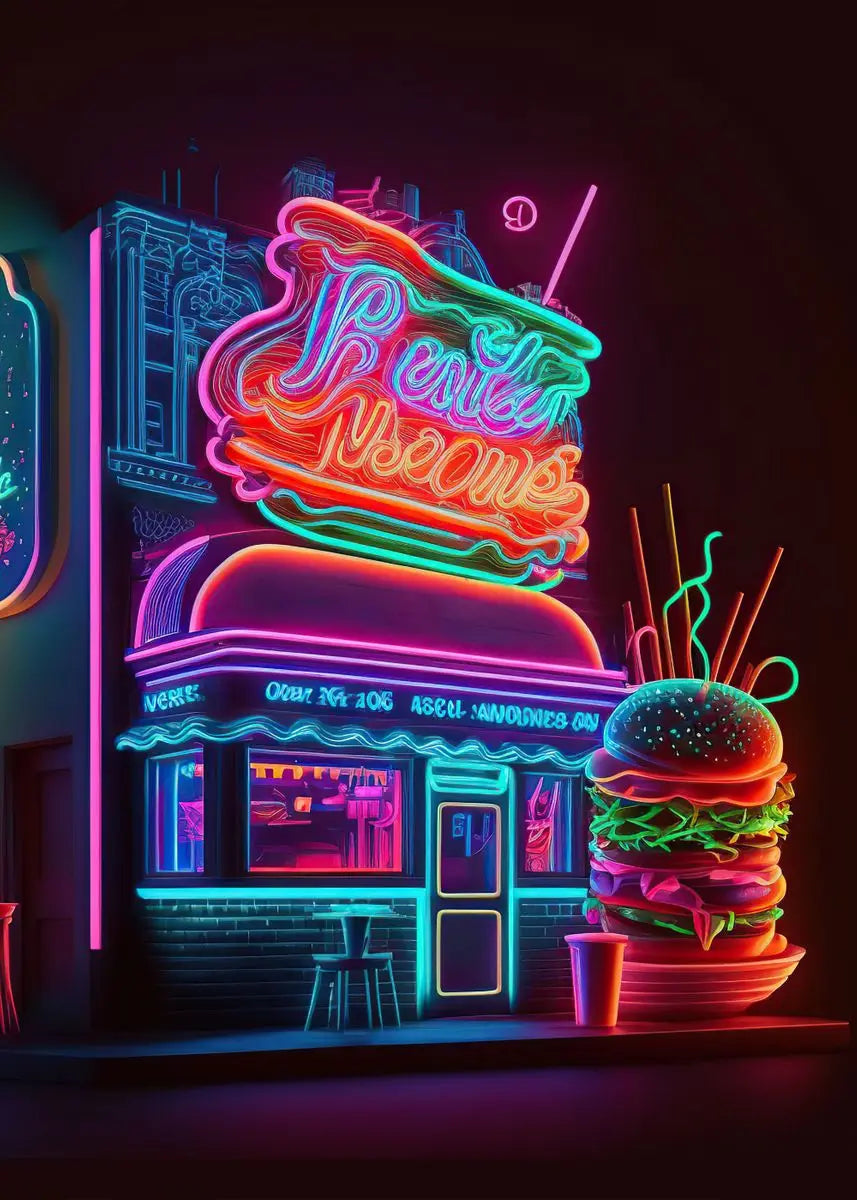 Unframed Modern Cotton Canvas Cartoon Neon Fast Food/Soft Drinks Prints/Colors-White/Blue/Multicolor