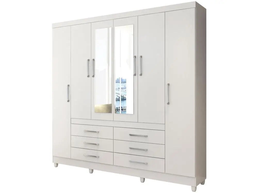 White Paris II-2/ Mirrored Doors Wardrobe w/Metallic Slides Hinges /6 Drawers Storage For Cloths