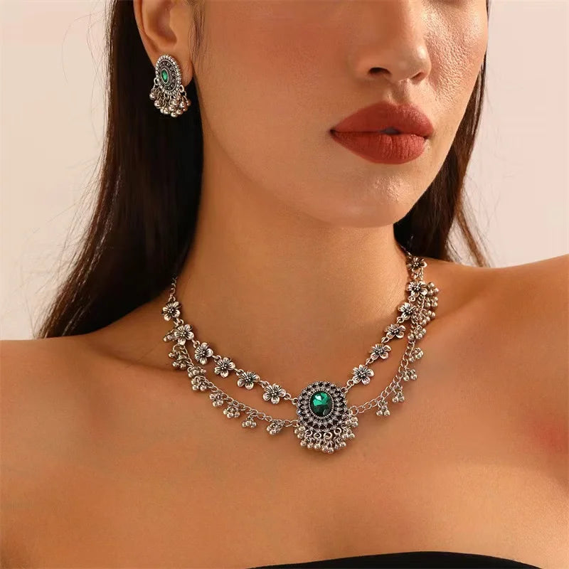 No-EN-Name-Null Women Imitation Geometric Ethnic Small Crystal Beads Decorative Floral Metal Alloy Necklace-Earrings Jewelry Set/Colors-Gold/Silver/Floral/Geometric