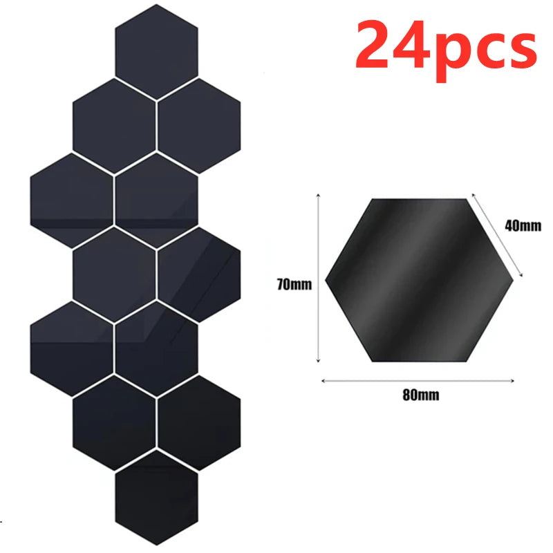 12/24Pcs 3D Hexagon Self Adhesive Removable Acrylic Wall Mirror Stickers/Colors-Silver/Red/Blue