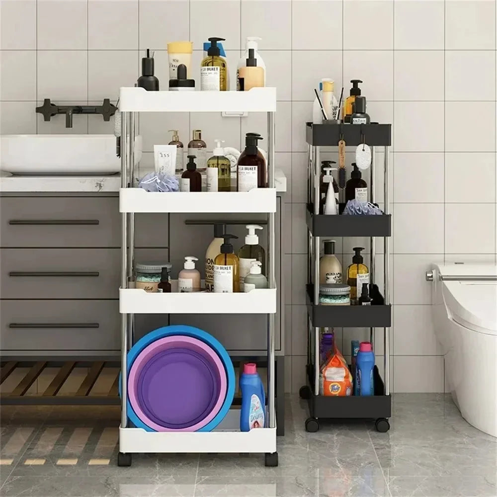 Kitchen Black-White 3-4 Tiers Shelves Non-Folding Slim Storage Plastic Carts/360 Rotation-4 Plastic Wheels/Colors/White, Black