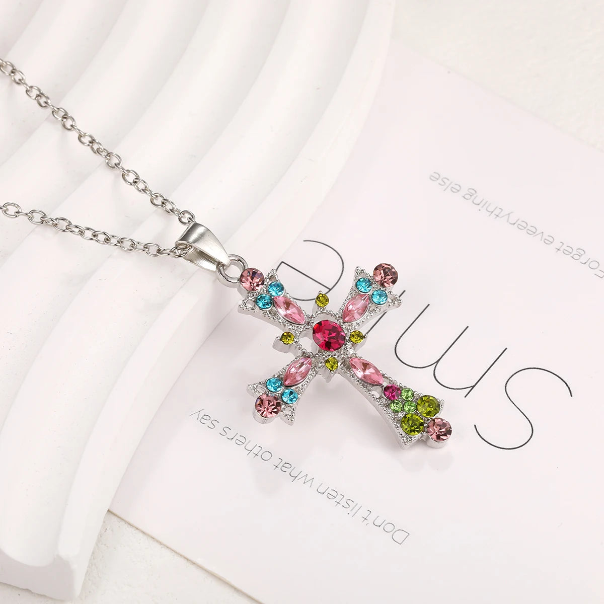 Women Imitation Cross Chain-Link Pendent Colorful Zircon Stone Necklaces/Colors-Multicolor/ Silver