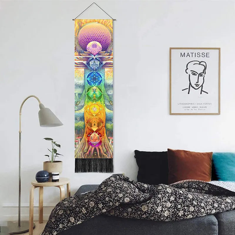 Printed Rectangle Cotton-Linen Colorful Multicolor Seven Chakra Spiritual Meditation Wall Hanging Tapestries
