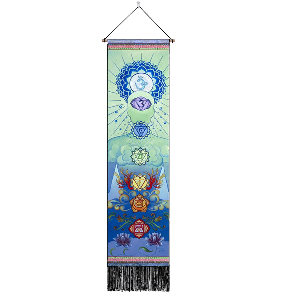 Unisex Rectangle Knitted Cotton-Polyester Blend Printed Soft Fabric 4 Colorful Geometric Chakras Themes Intricated Design Fringed Spiritual Meditation Wall Hanging Tapestries