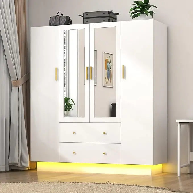 4 Door Armoire Mirrored Wardrobe Closet w/ 2-Way Remote Control LED Lighted Armoire/ 2 Drawers/Colors-White/Purple/Black/Dimensions: 19.7"D x 47.2"W x 70.1"H