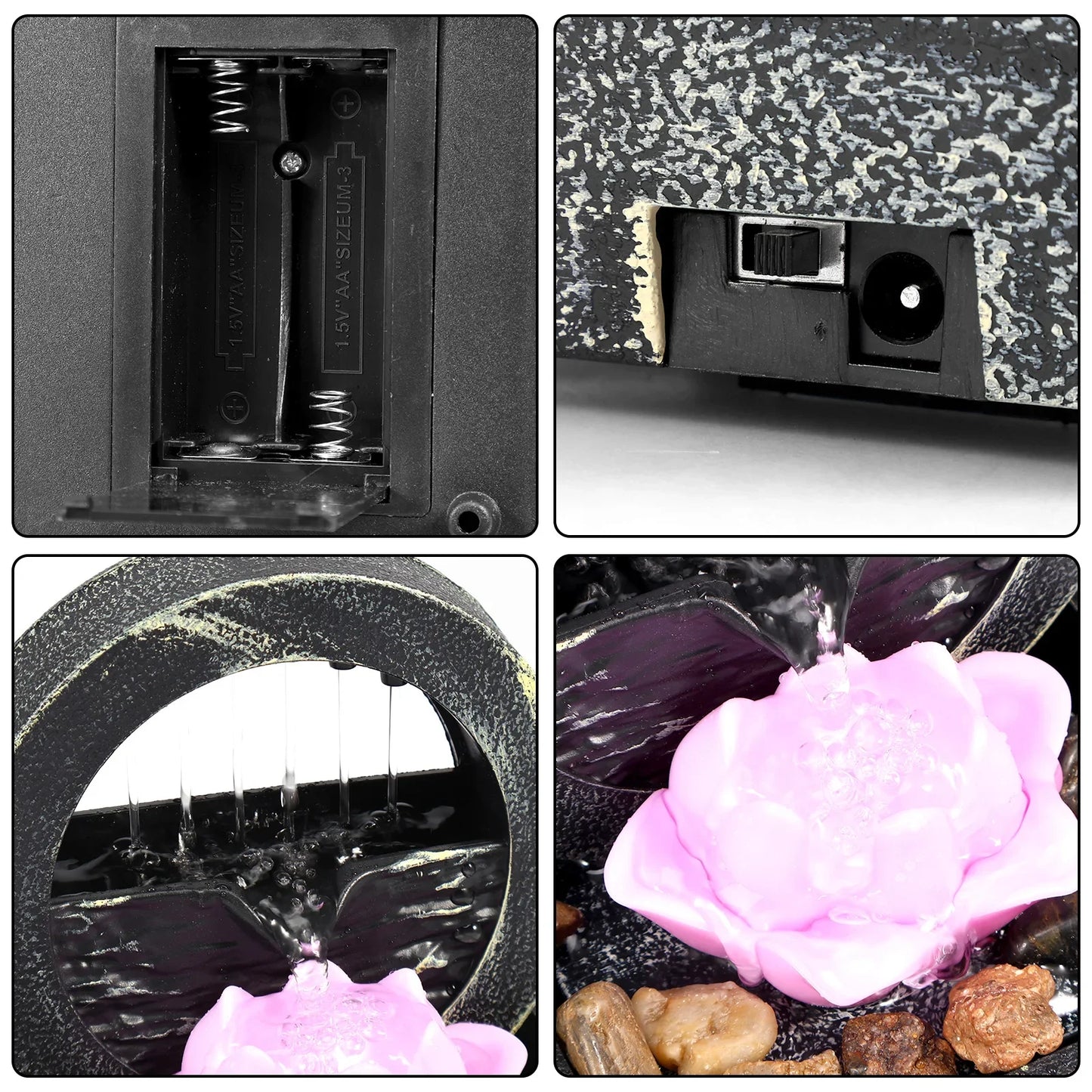 Wood Tabletop Zen Meditation Waterfall Round Succulent Lotus Flower ABS Plastic Square Base Fountain/Light Battery/USB Cable Cord /Bag Of Pebbles/Colors-Black/Gray