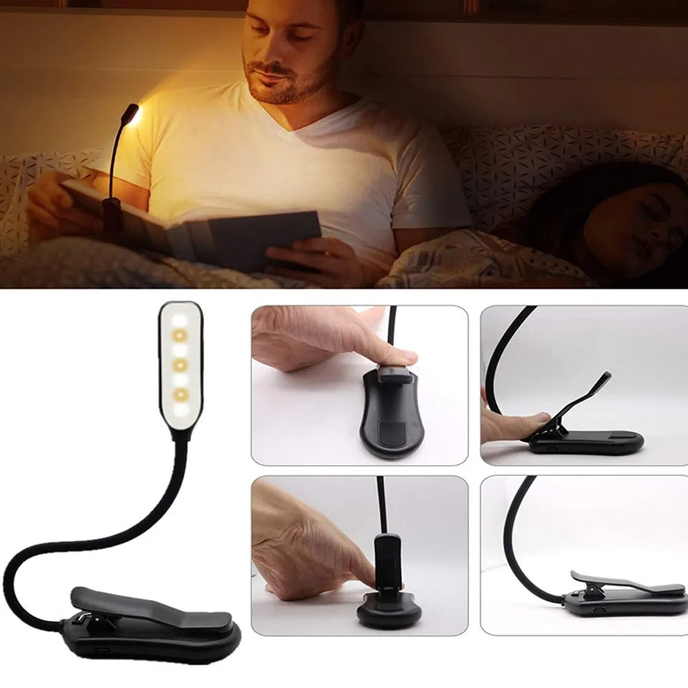 Plastic Anti-Blue Light 7 LED Book Light Micro USB Rechargeable Port 3-Level Warm-Cool-Daylight Portable Flexible Easy Clip-On Reading Lamps/Built-In Rechargeable Lithium Battery/Colors-Black/White