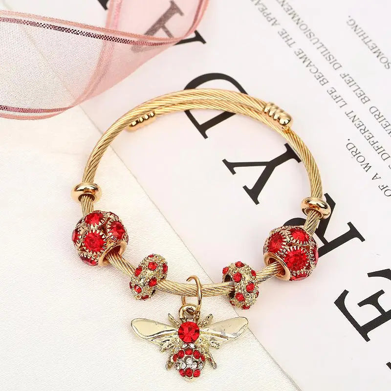 Women Round Titanium Steel Metal Inlay Imitation Crystal Rhinestone Bee Shape Gold-Black Balls Toggle-Clasps Bangle Charm Bracelets/Colors-Gold/Silver/Red/Clear/Pink/Geometric