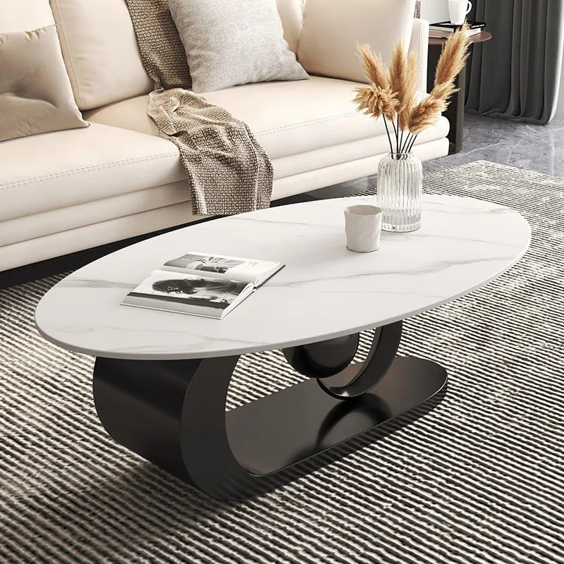 2 pcs Marble Topped Oval-Shaped Coffee Table Gold Colored Metal Base / Small Round Coffee Table Set/ Size: Oval Table 42cm H x 120/130cm W/ Size: Small Round 50cm W x 48cm H