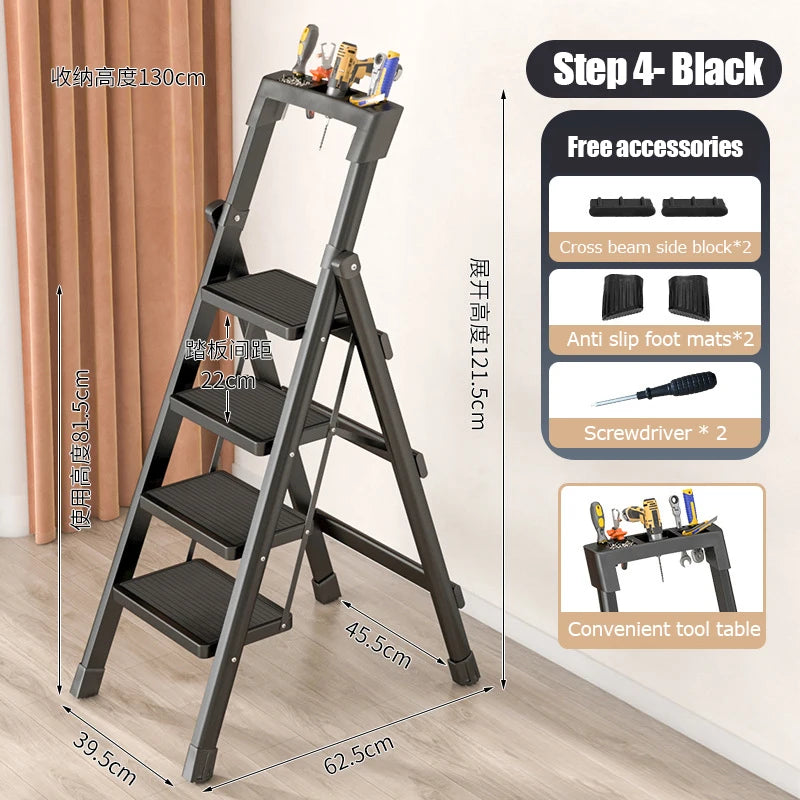 4 Tiers Lightweight Anti-Slip Folding Carbon Stainless Steel Portable Step Stool Ladders/ 3 Steps/ 4 Steps/Colors-Black/Red