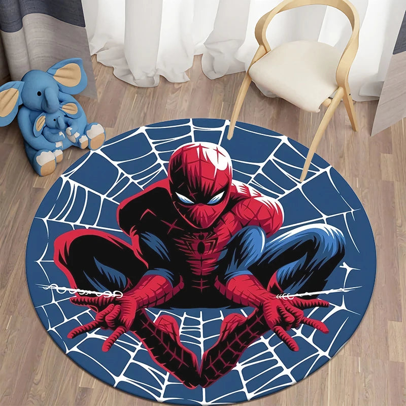 MINISO Round Shaped HD Printed Red Background MARVEL Spider Man Design Anti-Slip Plastic Dots Bottom Fade Resistant Soft Velvet Polyester Fabric RUGS /Colors-Orange/Blue/Red/Multicolor
