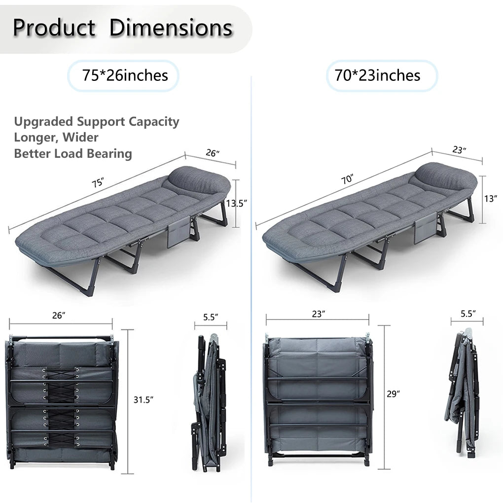 Outdoor Adult 6 Adjustable Positions Built-In Cozy Mattress-Pillow Heavy Duty Iron Metal Frame Gray Foldable Camping Bed Cots/Weight Bearing : 550 lbs