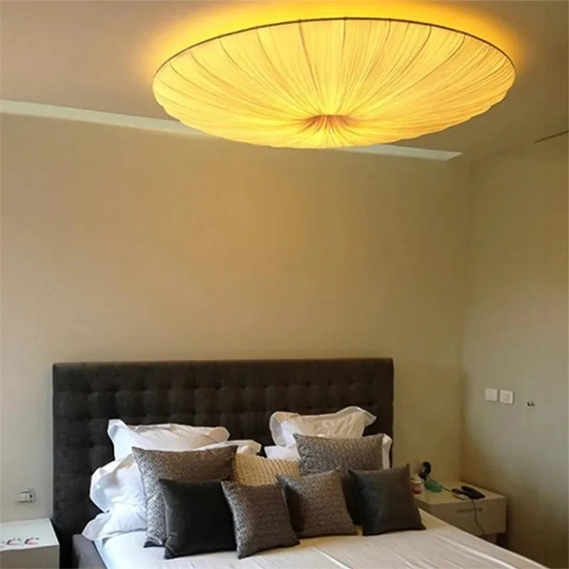 Round Beige Wabi Sabi Fabric Shade LED Ceiling Light Iron Fixtures