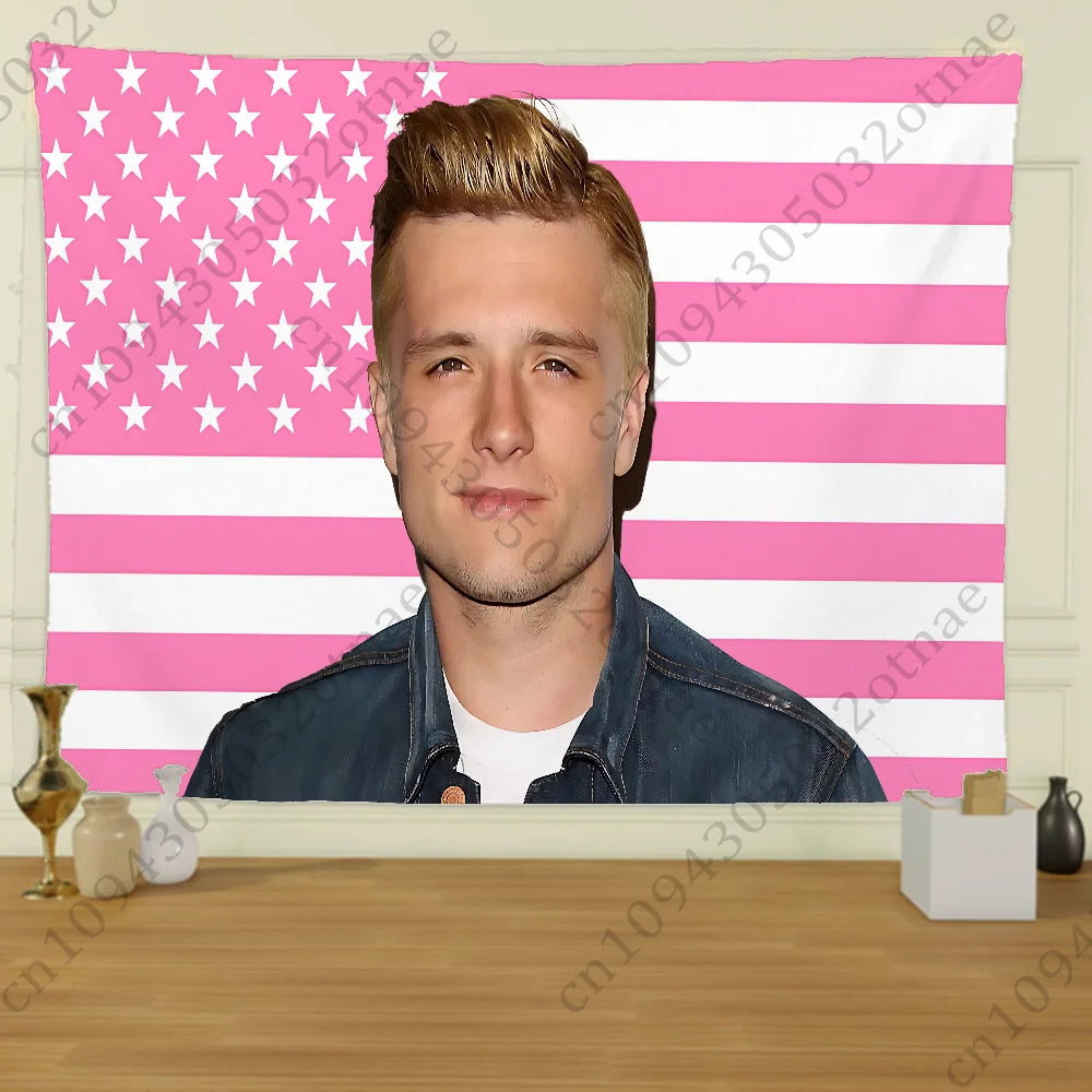 Customized Indoor Polyester Rectangle Printed Portrait J-Josh Hutcherson Hand Pull Pink-Red USA Cotton-Linen Fabric Flag Tapestries