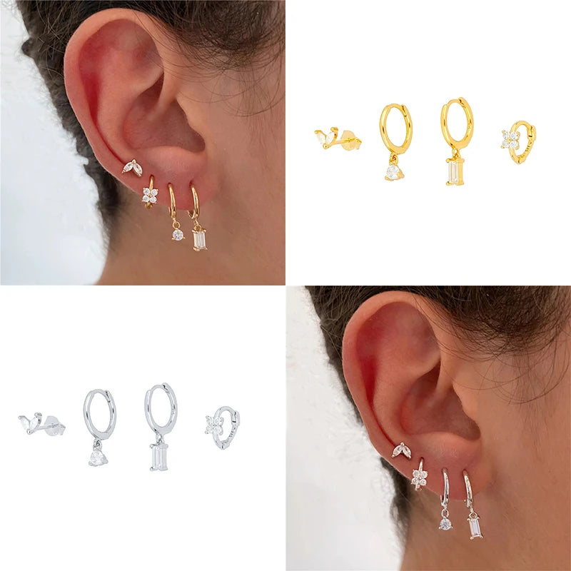 CANNER 4PCS 1 Set 925 Sterling Silver Stud Earrings For Women Individuality Zircon 18K Gold Fashion Jewelry Party Gifts Classic