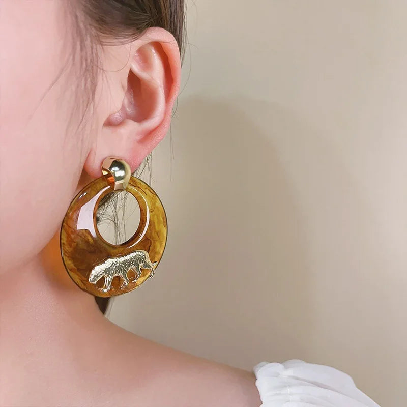 XIALUOKE Women Imitation European-American Geometric Round Stainless Steel Resin Flat Brown Hoop Gold-Platinum Metal Tiger Drop Earrings