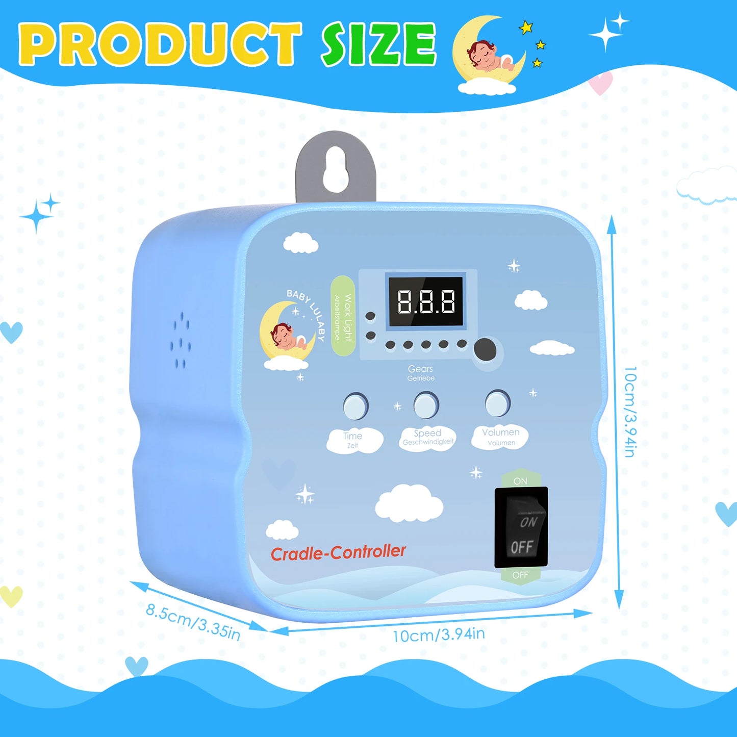 Blue Plastic Digital Display 9-Level Speed Hands-Free Rocking Electric Baby Swing Cradle Controllers/1-Spare Rope /2-Adjustable Springs /3-Metal Buckles/ Baby Lullaby Music/Time/Hook-Up/Remote Control/Power Cable/On-Off Switch
