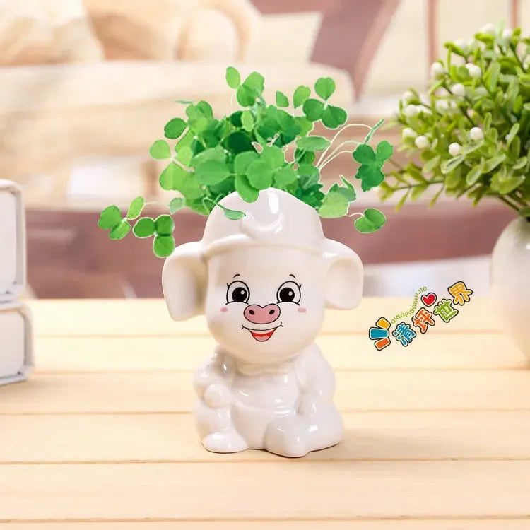 No-EN-Name-Null Indoor Mini Unglazed Ceramic White Cute Cartoon Doll Face Design Desktop Succulent Flower Pots Planters /Colors-White/Black/Yellow/Pink/Green