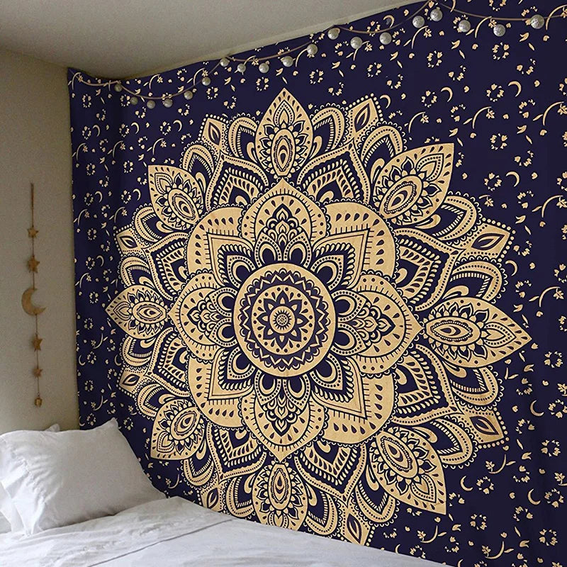 Geometric Color Printed Black Background Mandala Wall Hanging Cotton-Polyester Tapestries