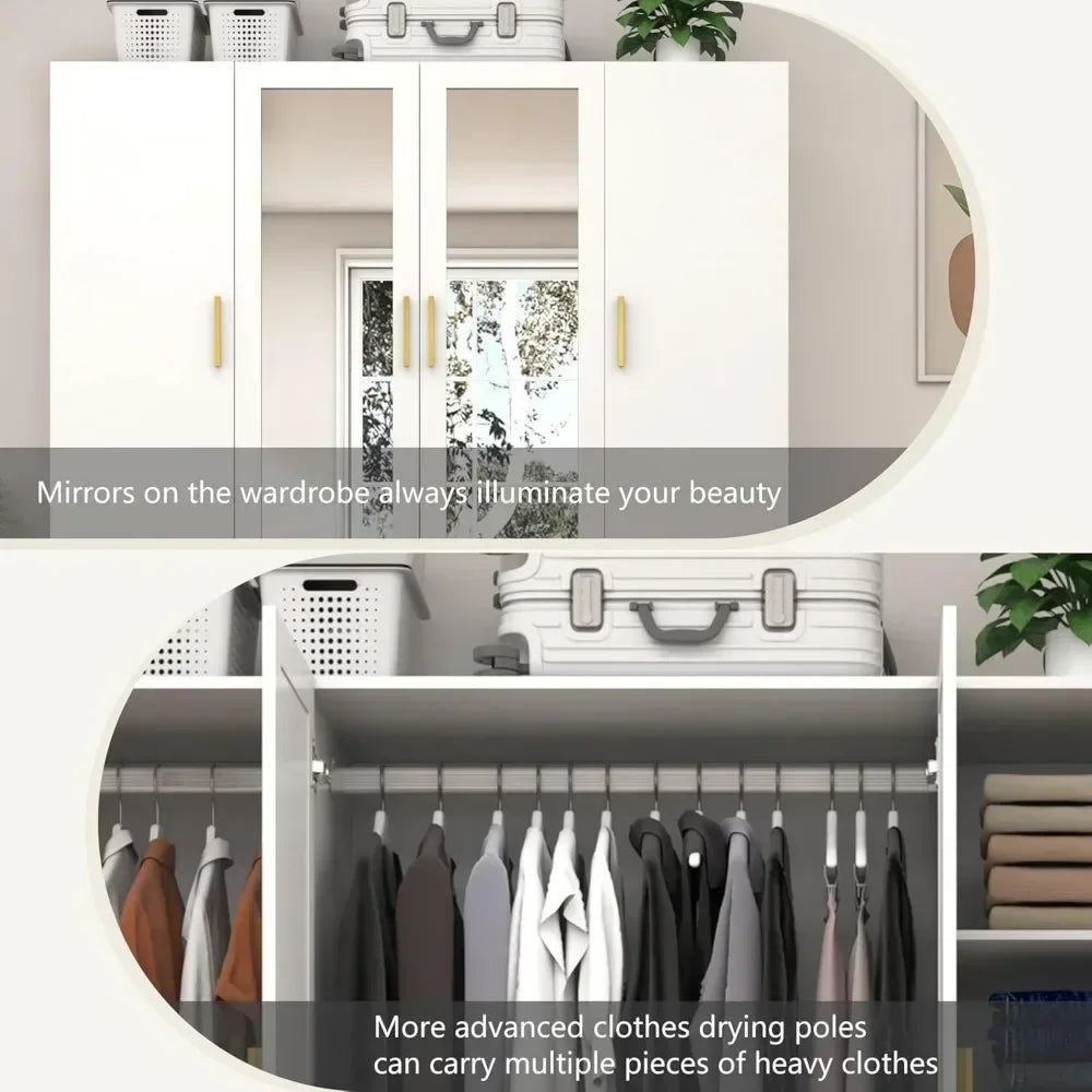 4 Door Armoire Mirrored Wardrobe Closet w/ 2-Way Remote Control LED Lighted Armoire/ 2 Drawers/Colors-White/Purple/Black/Dimensions: 19.7"D x 47.2"W x 70.1"H