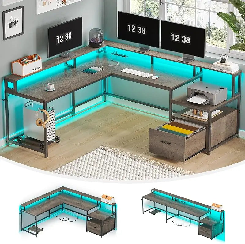 SEDETA L Shaped Customize Office Desks/File Drawers/Recessed LED Power Outlet Strip/3 CPU Stand/Colors-Walnut/white/Black/Gray