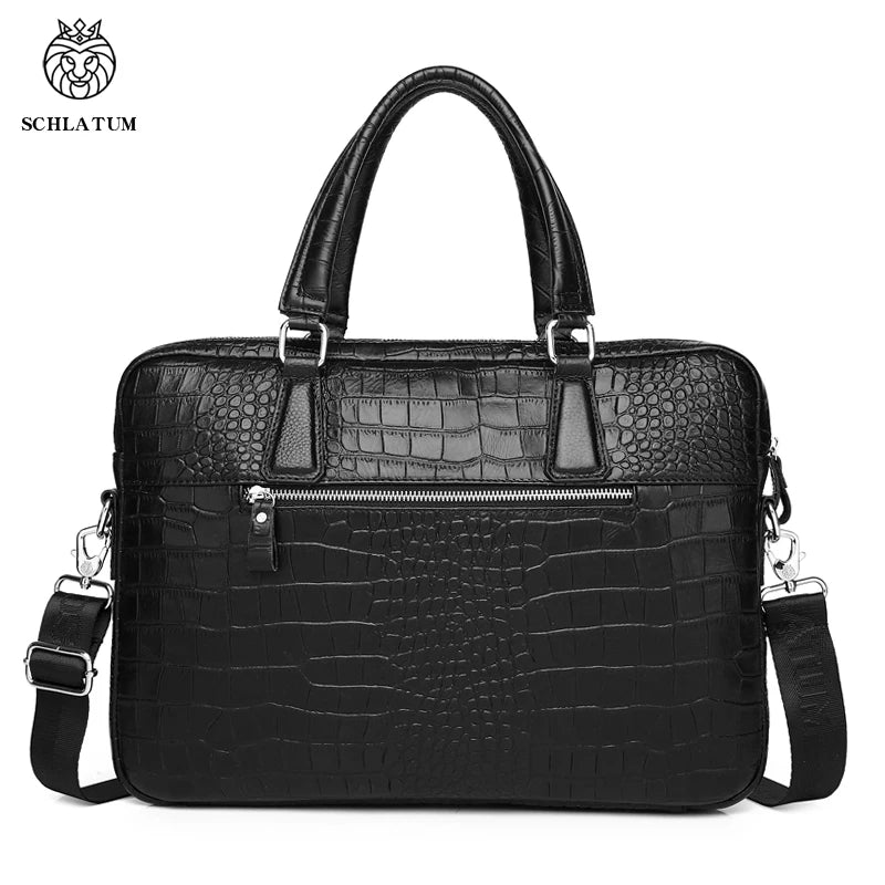 Men Black SCHLATUM Genuine Leather Crocodile Print Hard Briefcases Polyester Bag / 1 Handles/Straps /Fits 13-15.6 Inch Laptop/Built-In Compartment