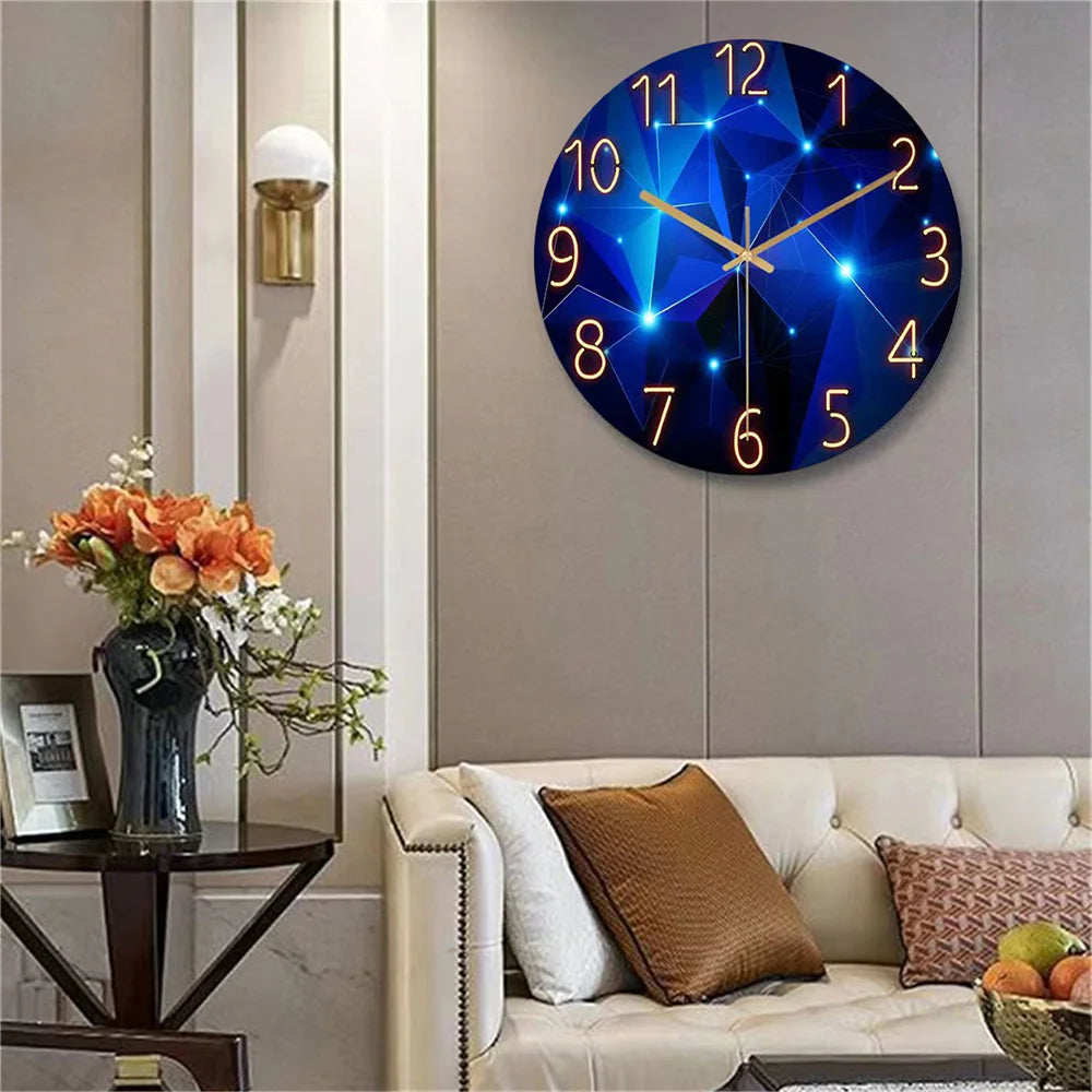 Large Frameless Geometric Single-Face Elements Dark Blue Thickened Tempered Glass Silent Movement Crystal Quartz Wall Clocks