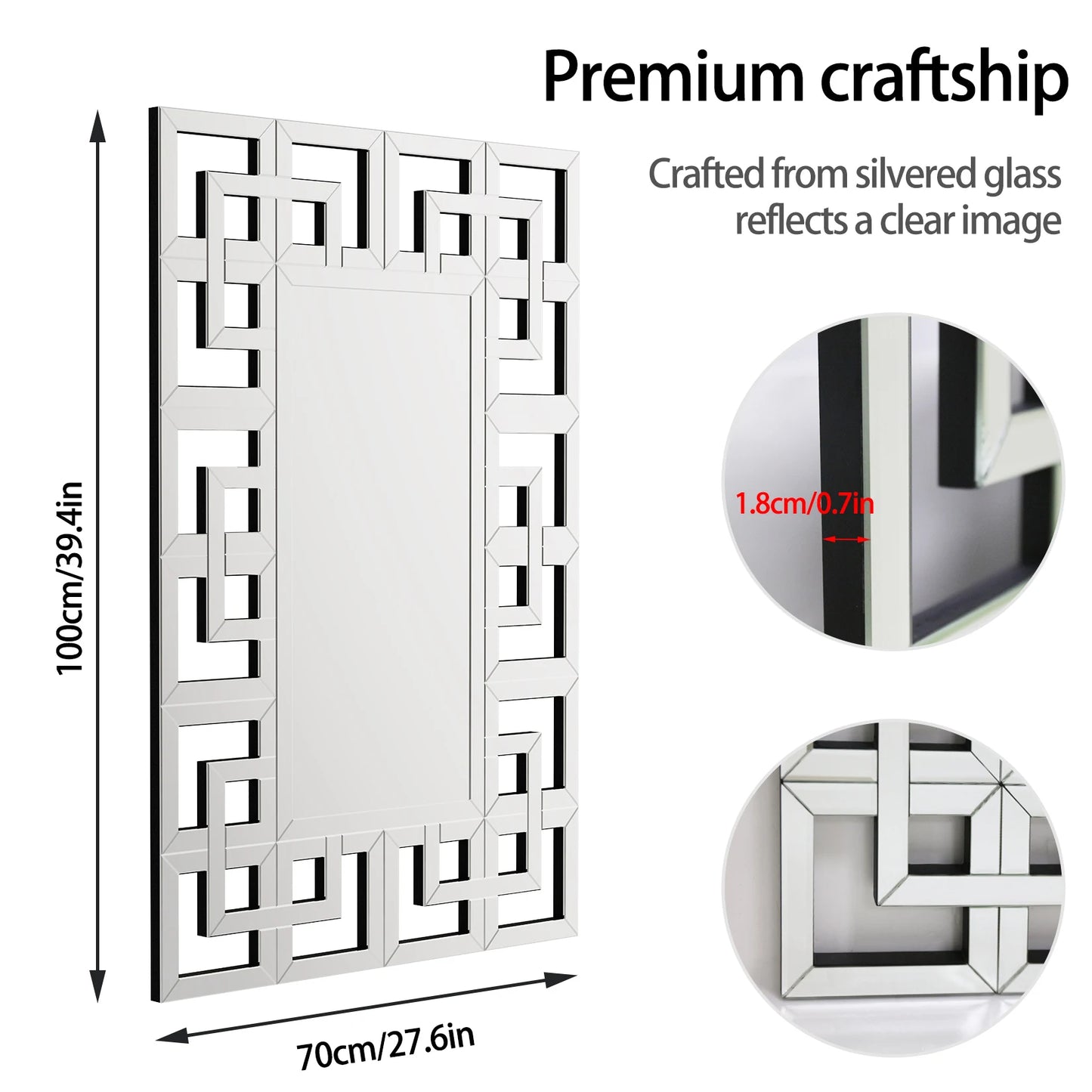 Large Rectangle Silver Modern Glass Geometric Frameless Mirrors/MDF Board Back Panel/Built-In Hooks On Back/Hardware/Dimension: (L x W x H)100x70cm/ 39.4x27.6 inch