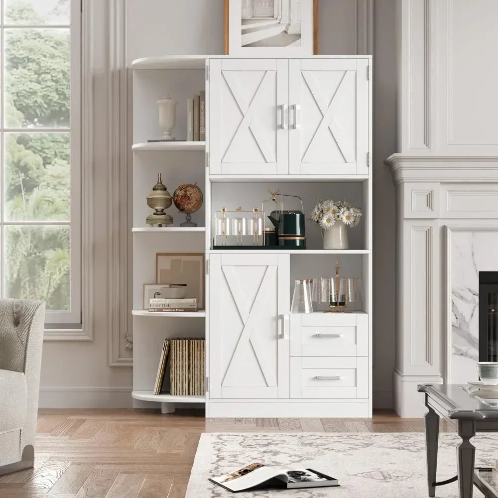 Solid Wood Farmhouse Kitchen Storage Cabinet/4 Tier Adjustable Shelves w/ 3 Doors /Dining Sideboard /2 Easy-Glide Drawers/Colors/White/Gray/Brown/ Holds Up To 350 lbs.