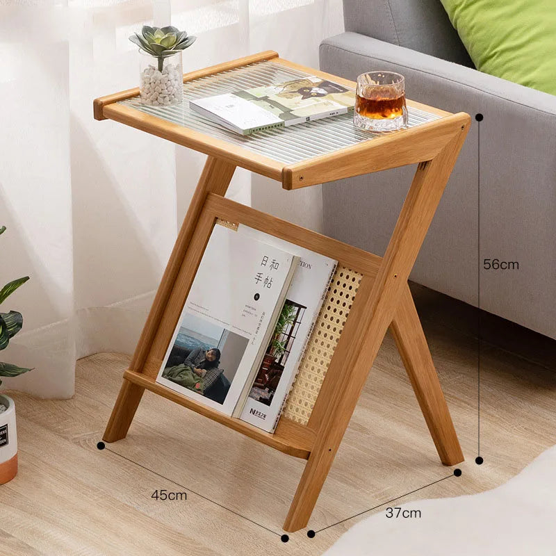 Z Shaped Bamboo Removable Glass Top End Table W/ Magazine Rack/Colors-Black/Brown/Oak