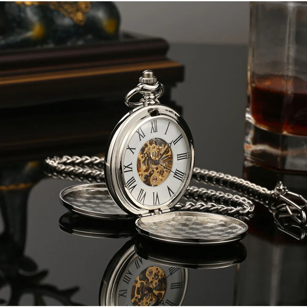 OHSEN Men Quartz Analog Display Acrylic Face Roman Numeral Stainless Steel Metal Round Case Double-Sided Skeleton Dial Transparent Back Cover Steampunk Mechanical Hand Wind Chain-Pocket Watches/Colors-Silver/Bronze/Gold/Black/Rose Gold