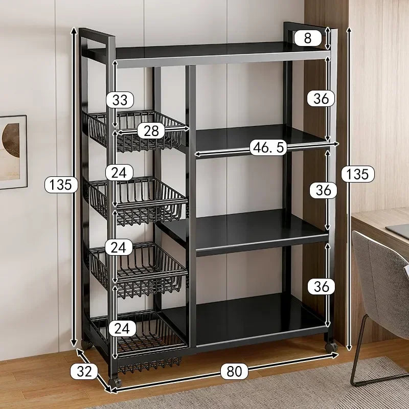 Kitchen Black-Brown Color Adjustable Height Pine Wood-Metal Storage Rack Movable Carts/360° Rotating Wheels