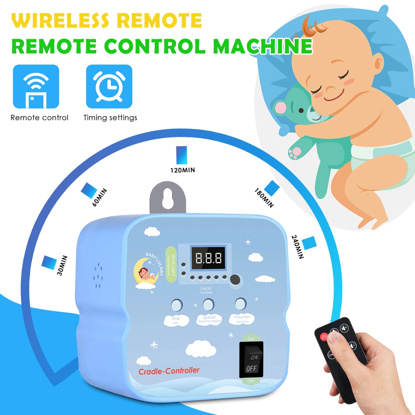 Blue Plastic Digital Display 9-Level Speed Hands-Free Rocking Electric Baby Swing Cradle Controllers/1-Spare Rope /2-Adjustable Springs /3-Metal Buckles/ Baby Lullaby Music/Time/Hook-Up/Remote Control/Power Cable/On-Off Switch