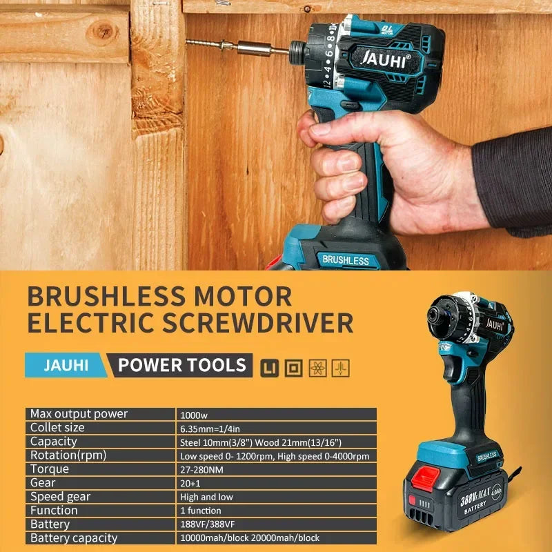 JAUHI Industrial Grade 388VF Red Button-Blue-Black Pistol Handle Brushless Electric Impact Wrench Rechargeable Lithium Battery-Powered Cordless Drill Power 18V Screwdrivers/Adapts To Makita 18V Lithium Battery/Colors-Black/Red/Gray/Blue