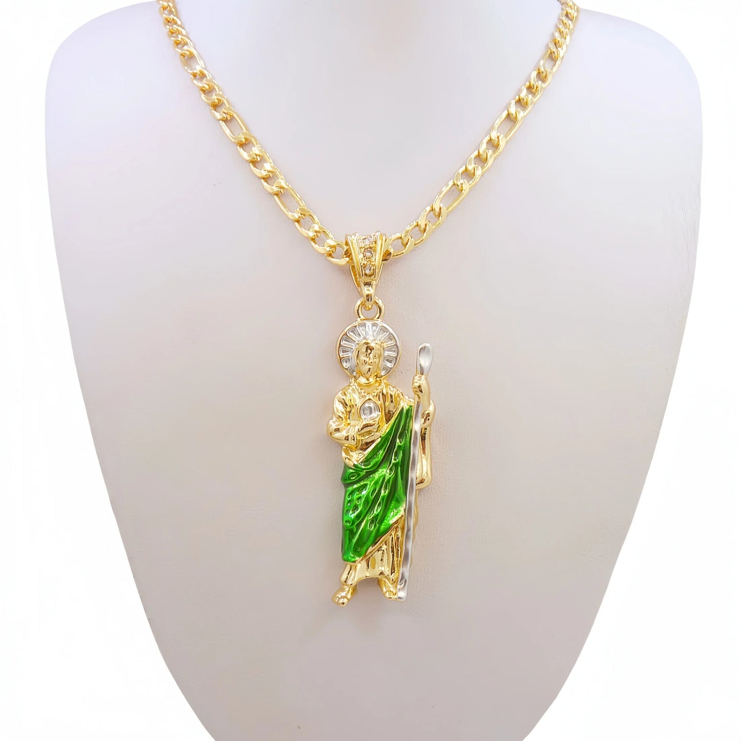 Adults-Teens 14K Gold-Plated Copper Metal Catholicism Religious Style Figaro Chain Saint Jude Pendant Necklaces/Colors-Gold/Green/Pink/White/Multicolor