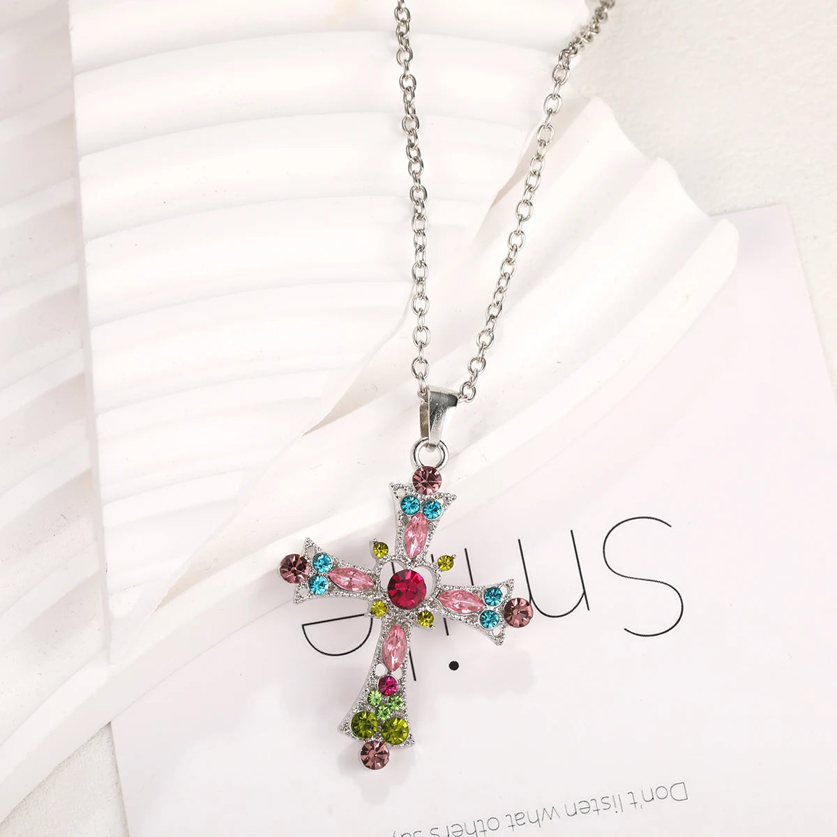 Women Imitation Cross Chain-Link Pendent Colorful Zircon Stone Necklaces/Colors-Multicolor/ Silver