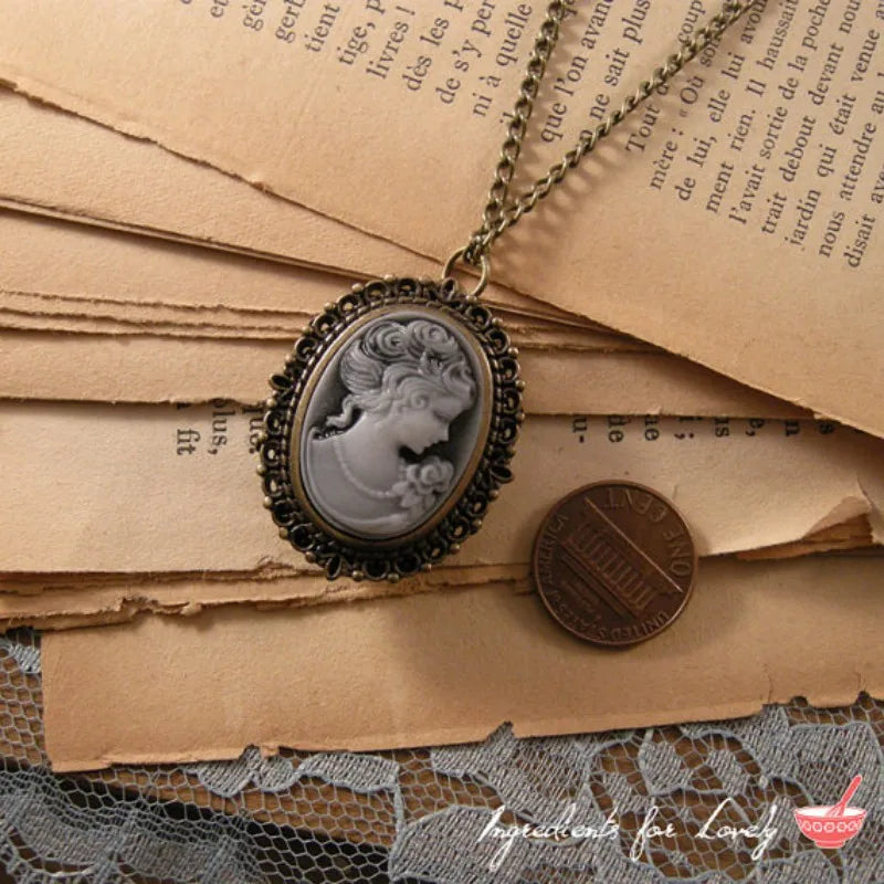 Women Waterproof Quartz Analog Display Vintage Oval Carved Women Hair-Face-Shoulder Cameo Pocket Watch-Chain/Colors-Green/Brown/Yellow