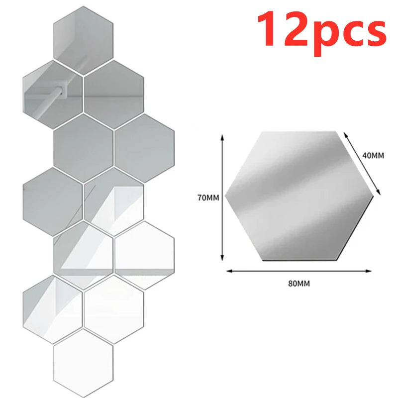 12/24Pcs 3D Hexagon Self Adhesive Removable Acrylic Wall Mirror Stickers/Colors-Silver/Red/Blue