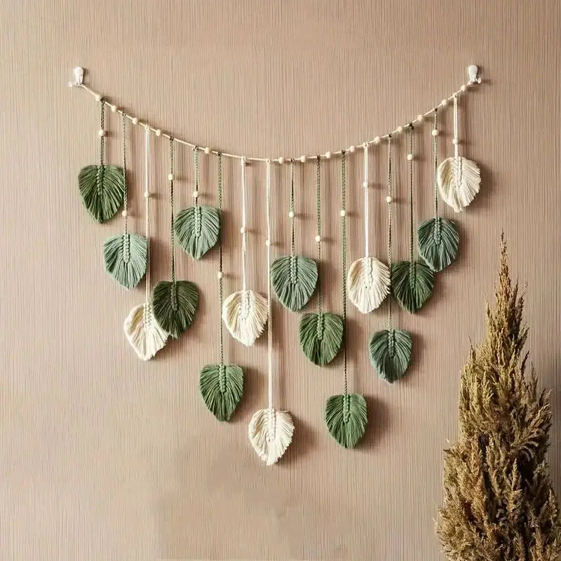 Handmade Boho Fabric Sage Green-Off-White Macrame Leaves Natural Wall Hanging Tapestries/Colors-Green/Brown